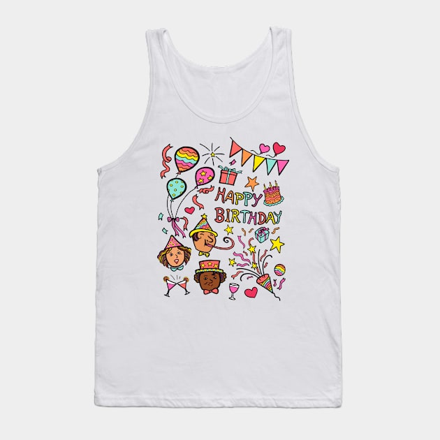 Illustration drawing of multi-ethnic group of young people celebrate birthday party. Happy birthday celebration concept. Tank Top by Nalidsa